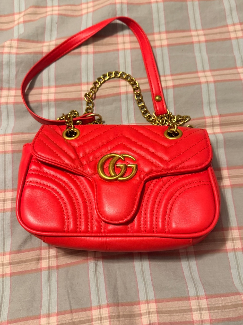 Quilted Red Shoulder Bag with Gold Chain